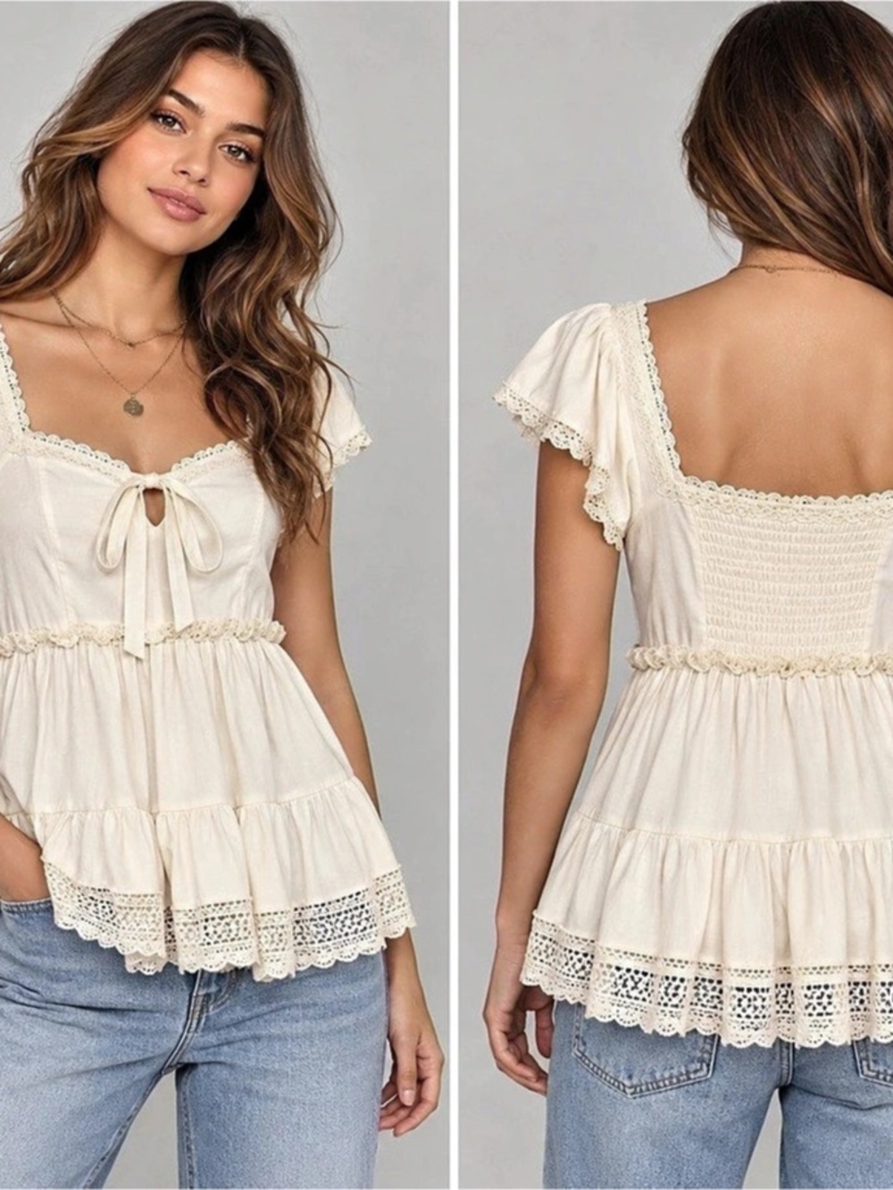 Anthropologie 100% Cotton Crochet Trim Smocked Top in Cream Medium Like New